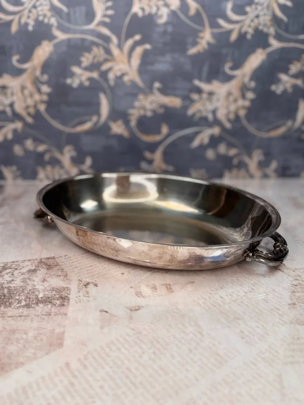 Vintage Silverplate Oval Serving Bowl Dish w Handles Footed 9.5”